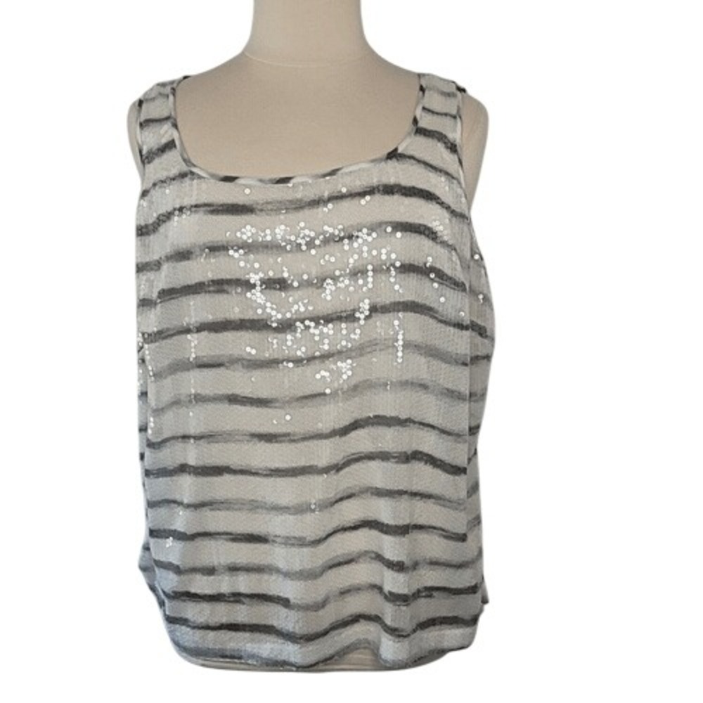 Peter Nygard Gray & White Stripe Sequin‎ Tank Top